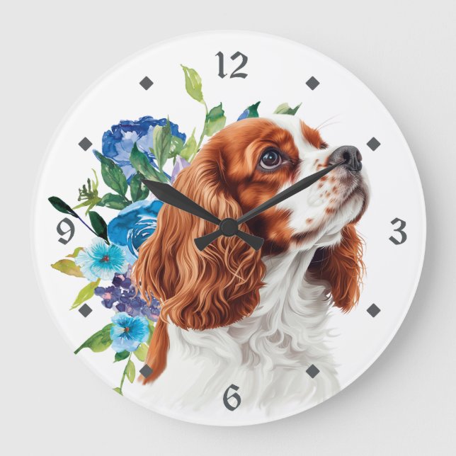 Blue Floral Red Cavalier King Charles Spaniel Dog Large Clock (Front)