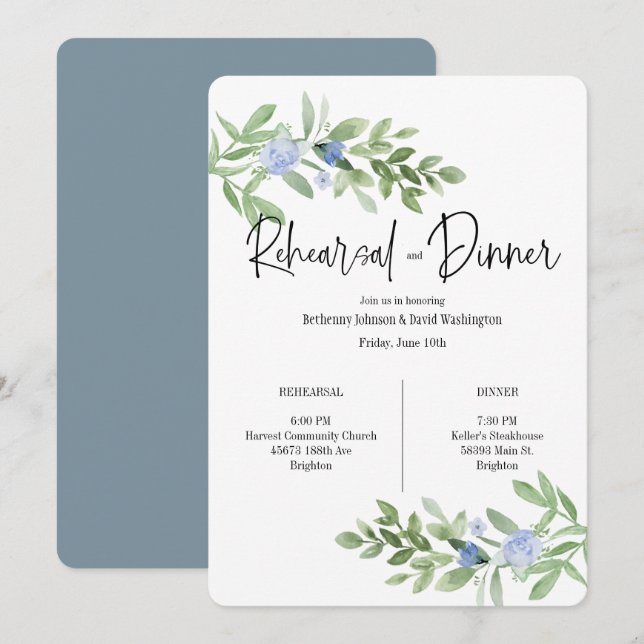 Blue Floral Rehearsal And Dinner Invitation (Front/Back)