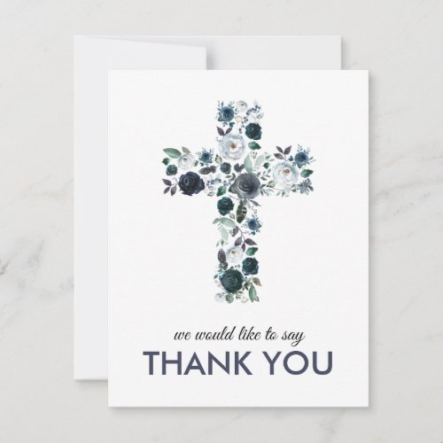 Blue Floral Religious Cross Photo Thank You Card - Religious thank you card featuring a rustic blue watercolor floral cross, with a sweet thank you note. The back features a photo, more elegant flowers with a blank space to write your own personal message.
