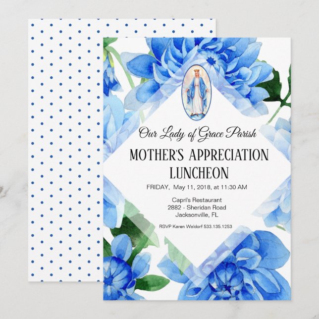 Blue Floral | Religious | Virgin Mary Invitation (Front/Back)