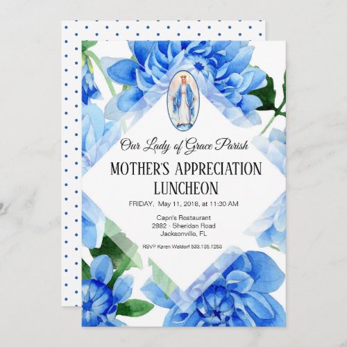Blue Floral  Religious  Virgin Mary Invitation