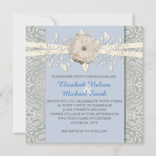 Blue Floral Ribbon Silver Damask Wedding Invite