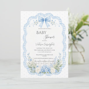Blue Floral Ribbon Vintage Baby Shower Invitation