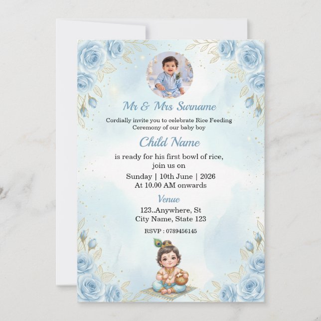 Blue Floral Rice Feeding Ceremony Invitation (Front)
