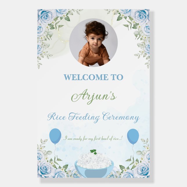 Blue Floral Rice Feeding Ceremony Welcome Sign (Front)