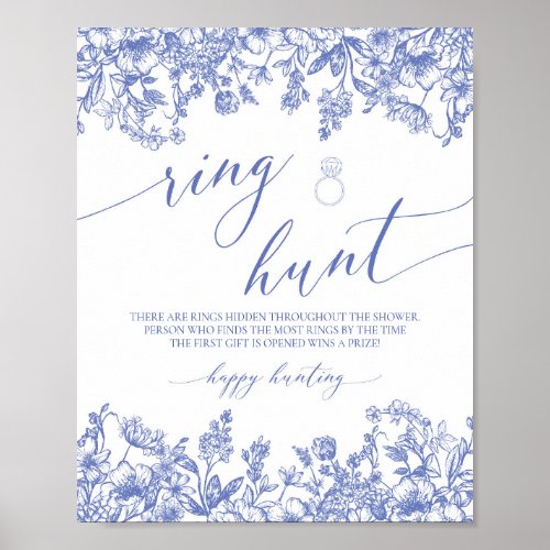 Blue Floral Ring Hunt Bridal Shower Game Sign