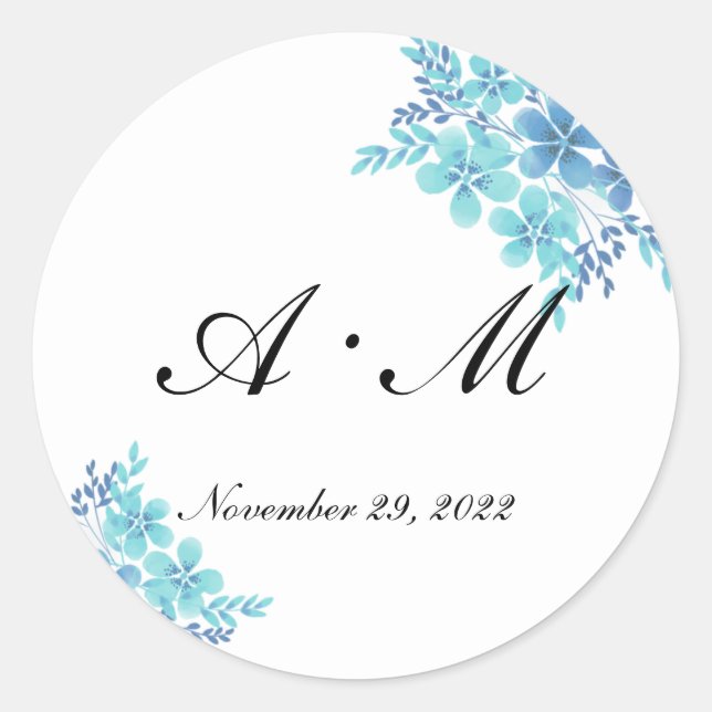 Blue floral romantic monogram wedding sticker (Front)