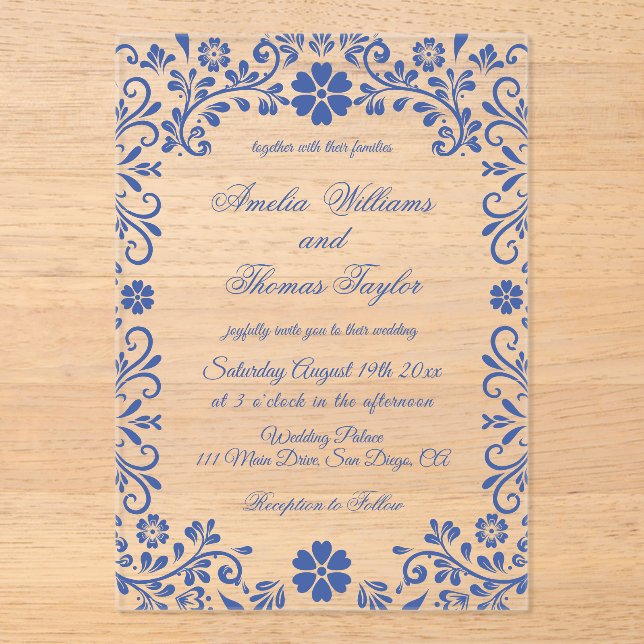 Blue Floral Romantic Wedding  Invitation (Front)