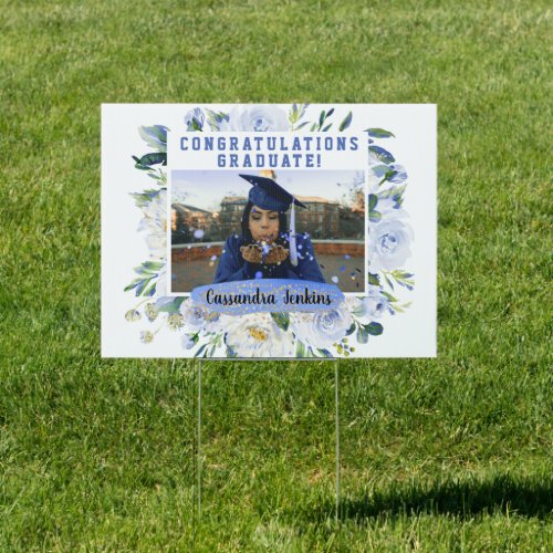 Blue Floral Rose Congratulations Grad Yard Sign