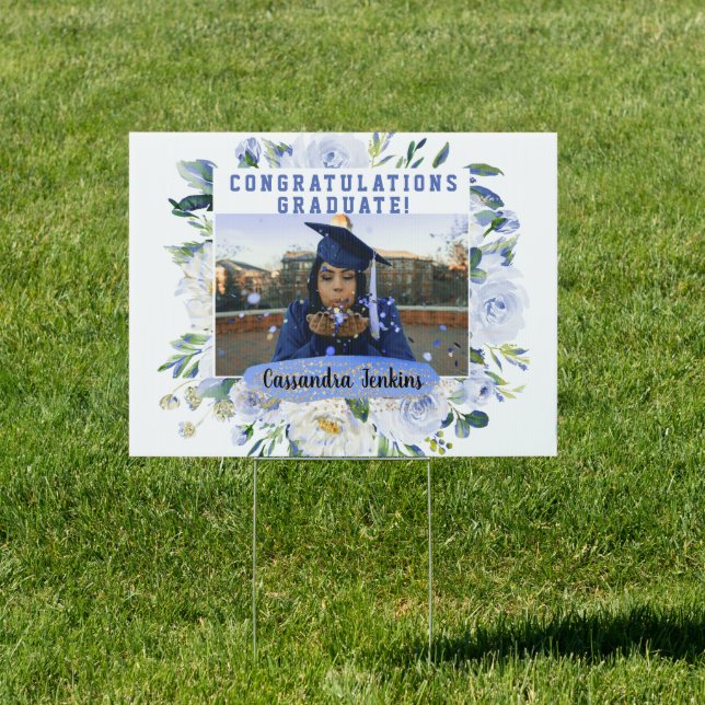 Blue Floral Rose Congratulations Grad Yard Sign (Insitu)