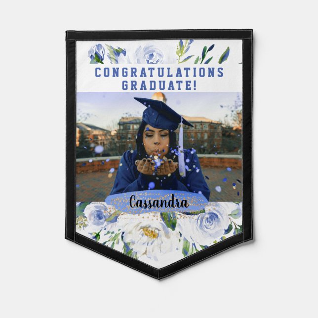 Blue Floral Rose Congratulations | Graduation  Pennant (Front)