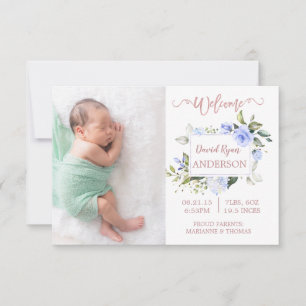 Blue Floral Rose Gold Boy Photo Birth Announcement