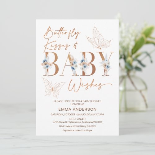 Blue Floral Rose Gold Butterfly kisses Baby Shower Invitation