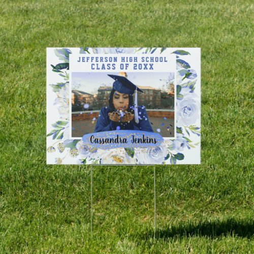 Blue Floral Rose Graduation Class 20XX Yard Sign