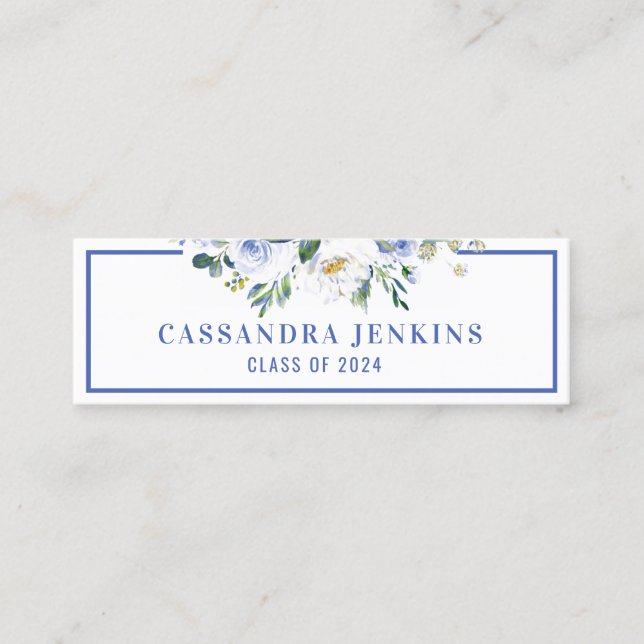 Blue Floral Rose Graduation Name Card (Front)