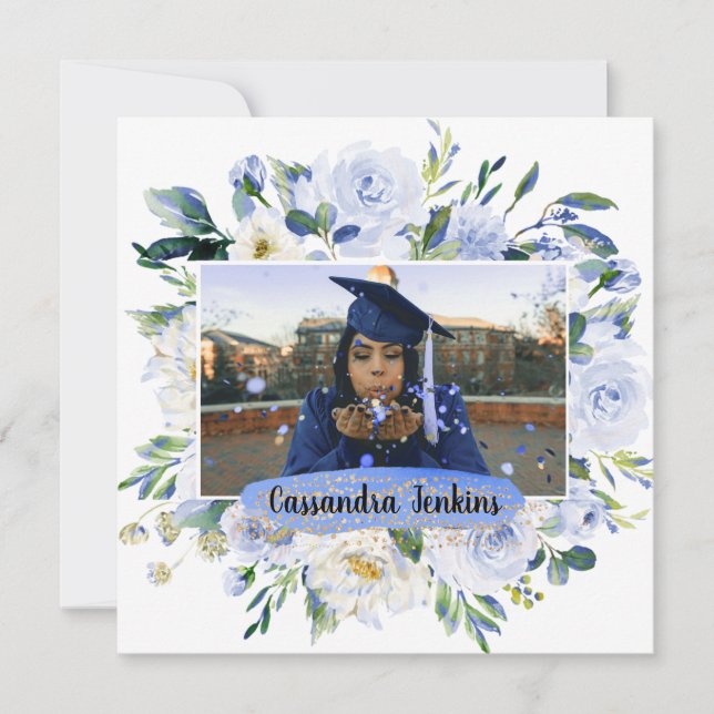 Blue Floral Rose Graduation Party Announcement  (Front)