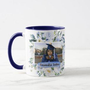 Blue Floral Rose Graduation Personalized Photo Mug