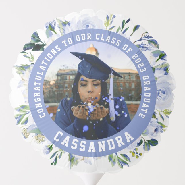 Blue Floral Rose Graduation Photo Balloon (Back)