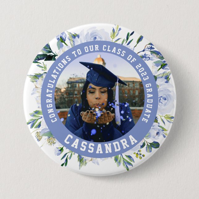 Blue Floral Rose Graduation Photo Button (Front)