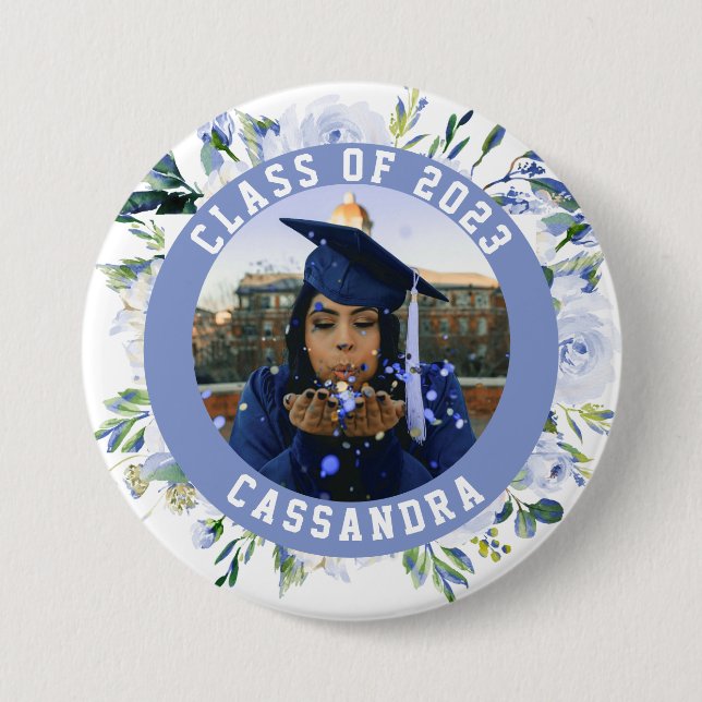 Blue Floral Rose Graduation Photo Button (Front)