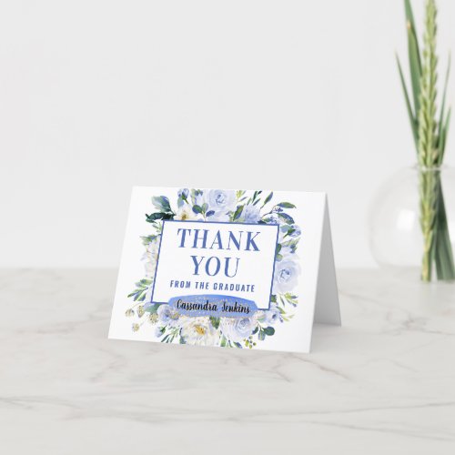 Blue Floral Rose Graduation  Thank You Card