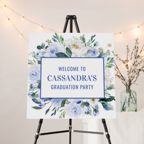 Blue Floral Rose Graduation Welcome Foam Board