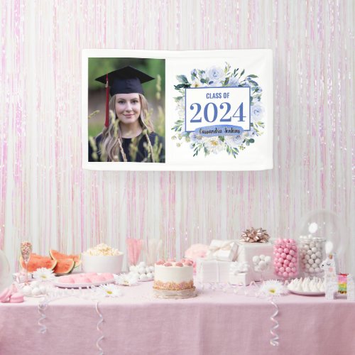 Blue Floral Rose Graduation Year Banner