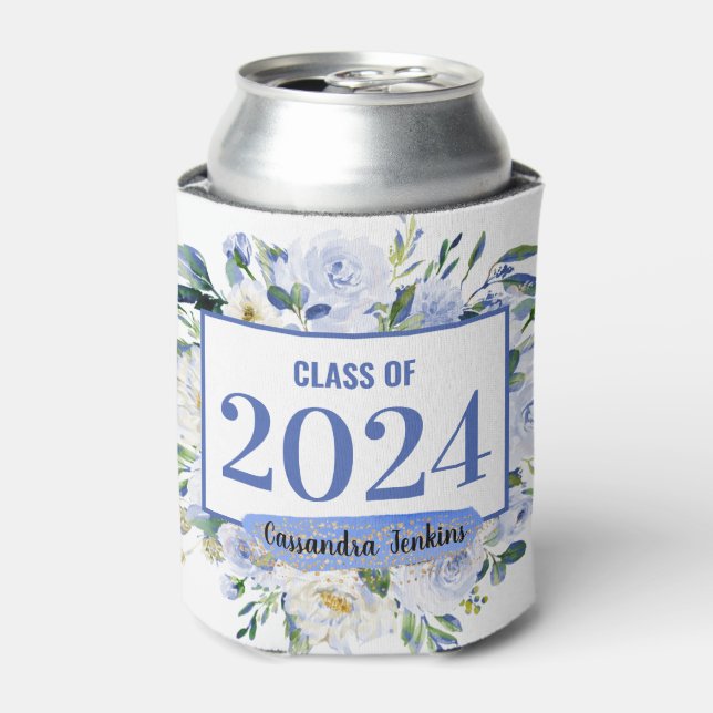 Blue Floral Rose Graduation Year Can Cooler (Can Front)