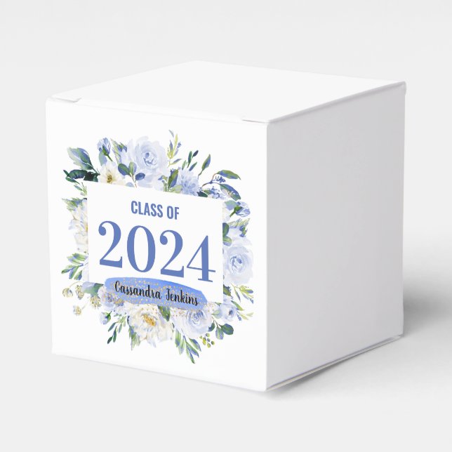 Blue Floral Rose Graduation Year Favor Boxes (Front Side)