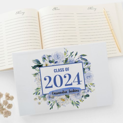 Blue Floral Rose Graduation Year Guest Book