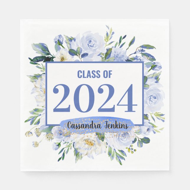 Blue Floral Rose Graduation Year Napkins (Front)
