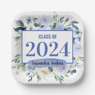 Blue Floral Rose Graduation Year Paper Plates