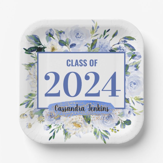 Blue Floral Rose Graduation Year Paper Plates (Front)