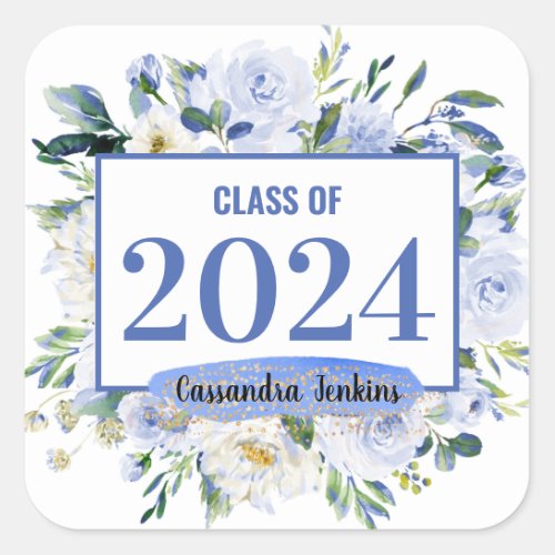 Blue Floral Rose Graduation Year Square Sticker