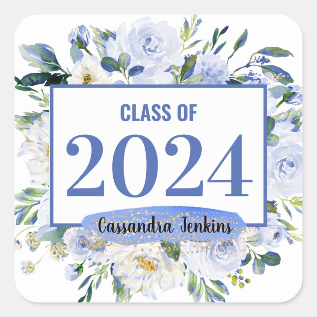 Blue Floral Rose Graduation Year Square Sticker (Front)