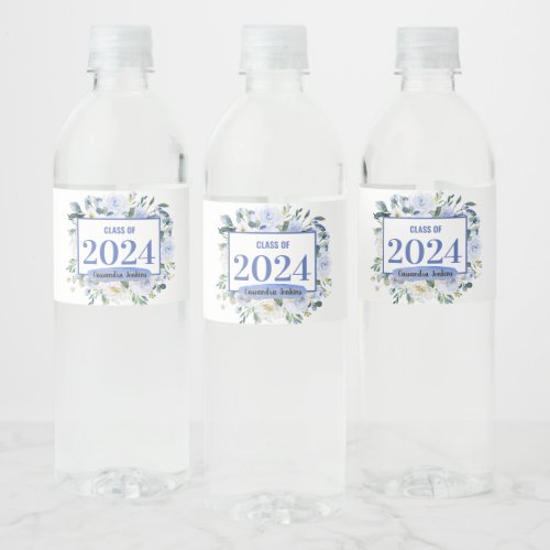 Blue Floral Rose Graduation Year Water Bottle Label