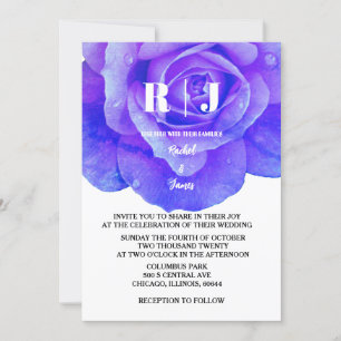 Blue Floral Rose Monogram Flowers Elegant Wedding Invitation