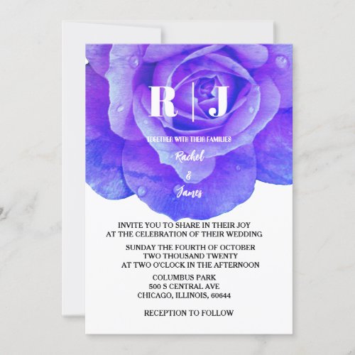 Blue Floral Rose Monogram Flowers Elegant Wedding Invitation