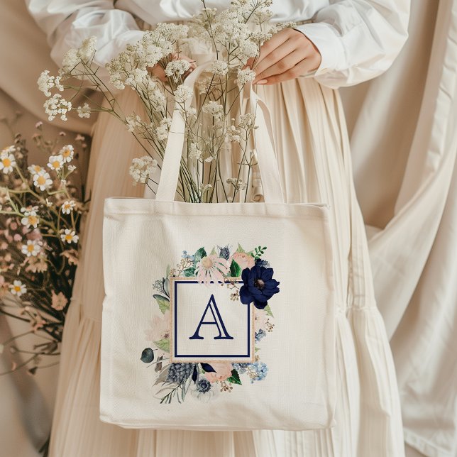 Blue Floral Rose Monogram Tote Bag (Creator Uploaded)
