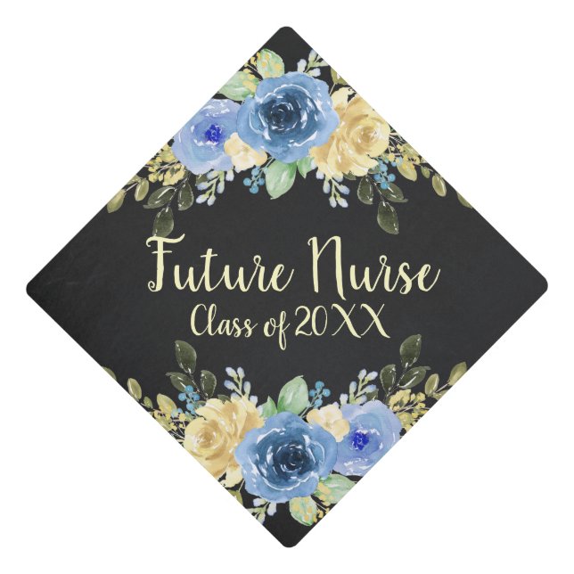 Blue Floral Rose Nursing Graduatuion Tassel Topper (Front)