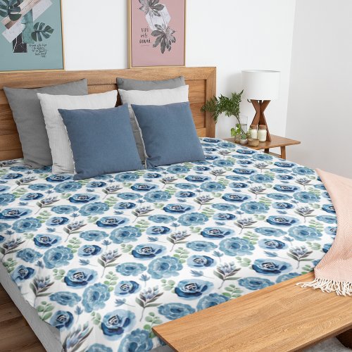 Blue Floral Rose Pattern Duvet Cover