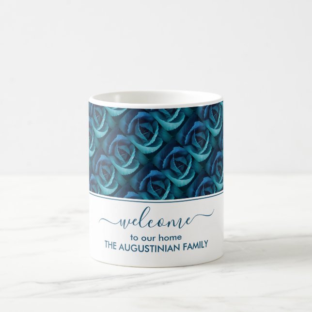 Blue Floral Rose WELCOME TO OUR HOME Guest  Coffee Mug (Center)