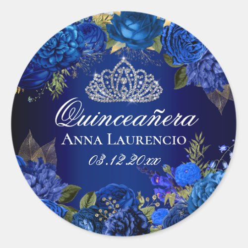 Blue Floral Roses Diamond Tiara Quinceanera Classic Round Sticker