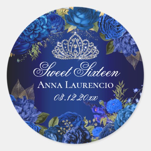 Blue Floral Roses Diamond Tiara Sweet 16 Classic Round Sticker