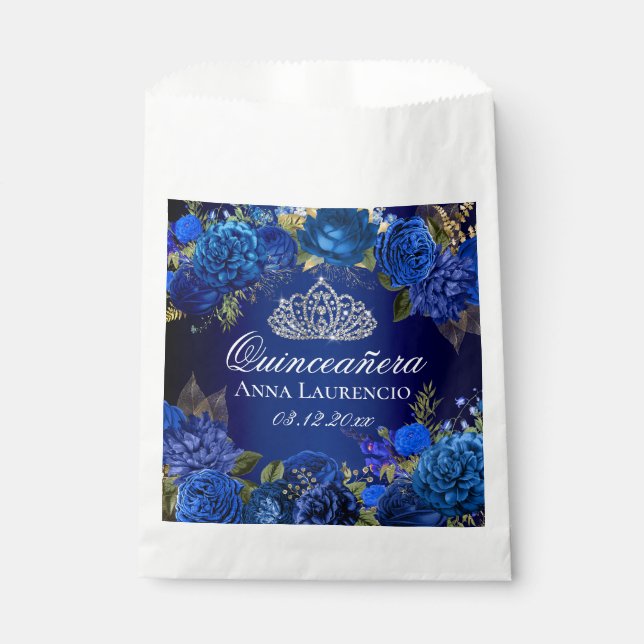 Blue Floral Roses Quinceanera Party Favor Bag (Front)