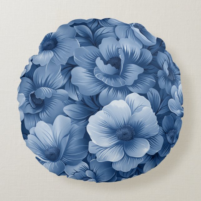 Blue Floral Round Pillow (Front)