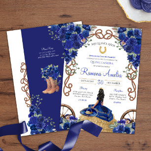 Blue Floral Rustic Charro Western Quinceañera Invitation