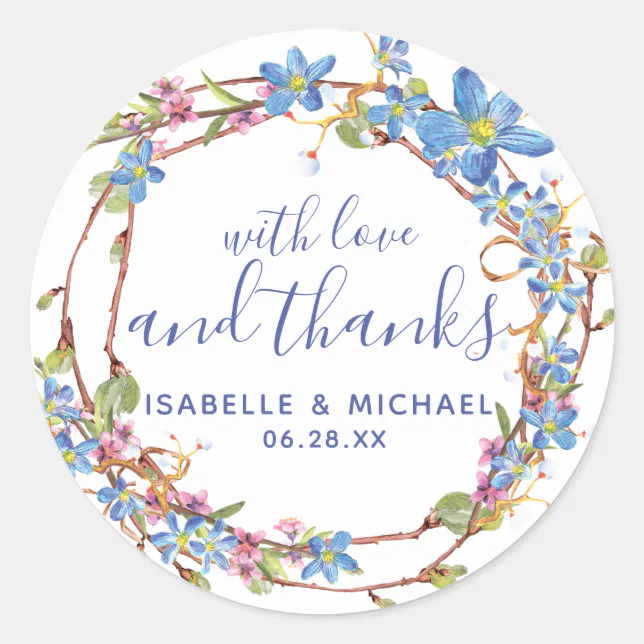 Blue Floral Rustic Grapevine Wedding Thank You Classic Round Sticker ...