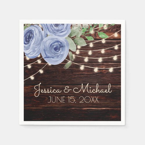 Blue Floral Rustic Wood String Lights Wedding Napkins