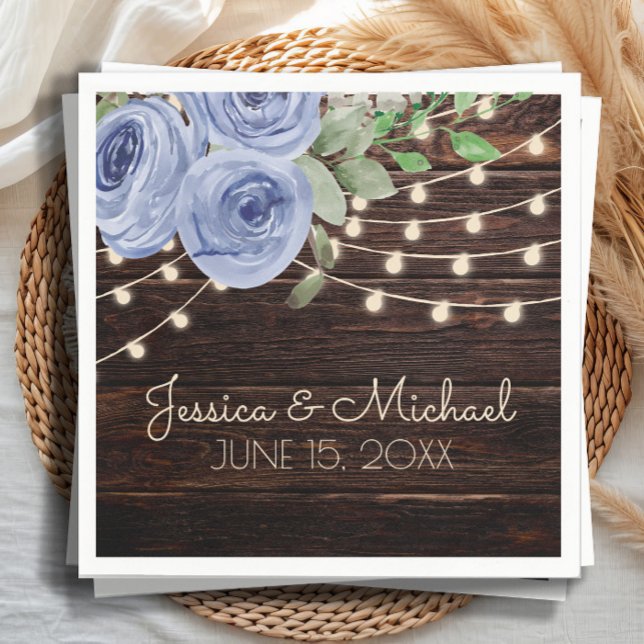 Blue Floral Rustic Wood String Lights Wedding Napkins (Dusty blue watercolor floral and rustic wood with string lights wedding paper napkins)